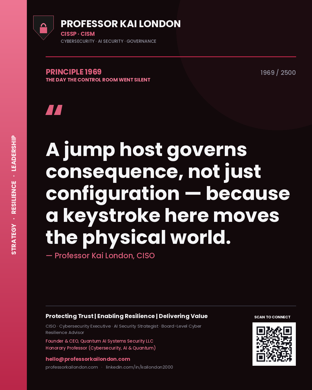 Quote card by Professor Kai London reading 'A jump host governs consequence, not just configuration — because a keystroke here moves the physical world.'. From the book The Day the Control Room Went Silent.