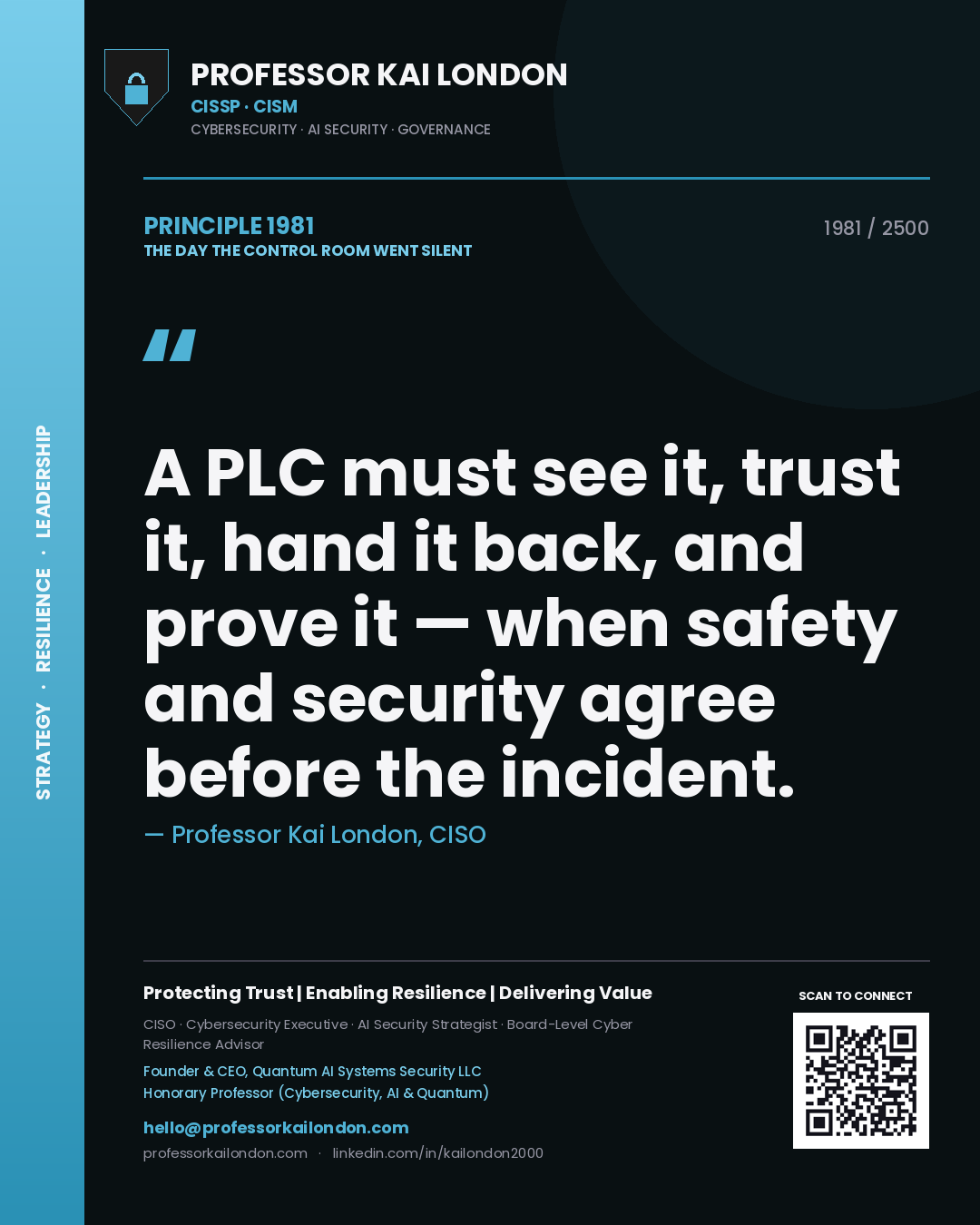 Quote card by Professor Kai London reading 'A PLC must see it, trust it, hand it back, and prove it — when safety and security agree before the incident.'. From the book The Day the Control Room Went Silent.