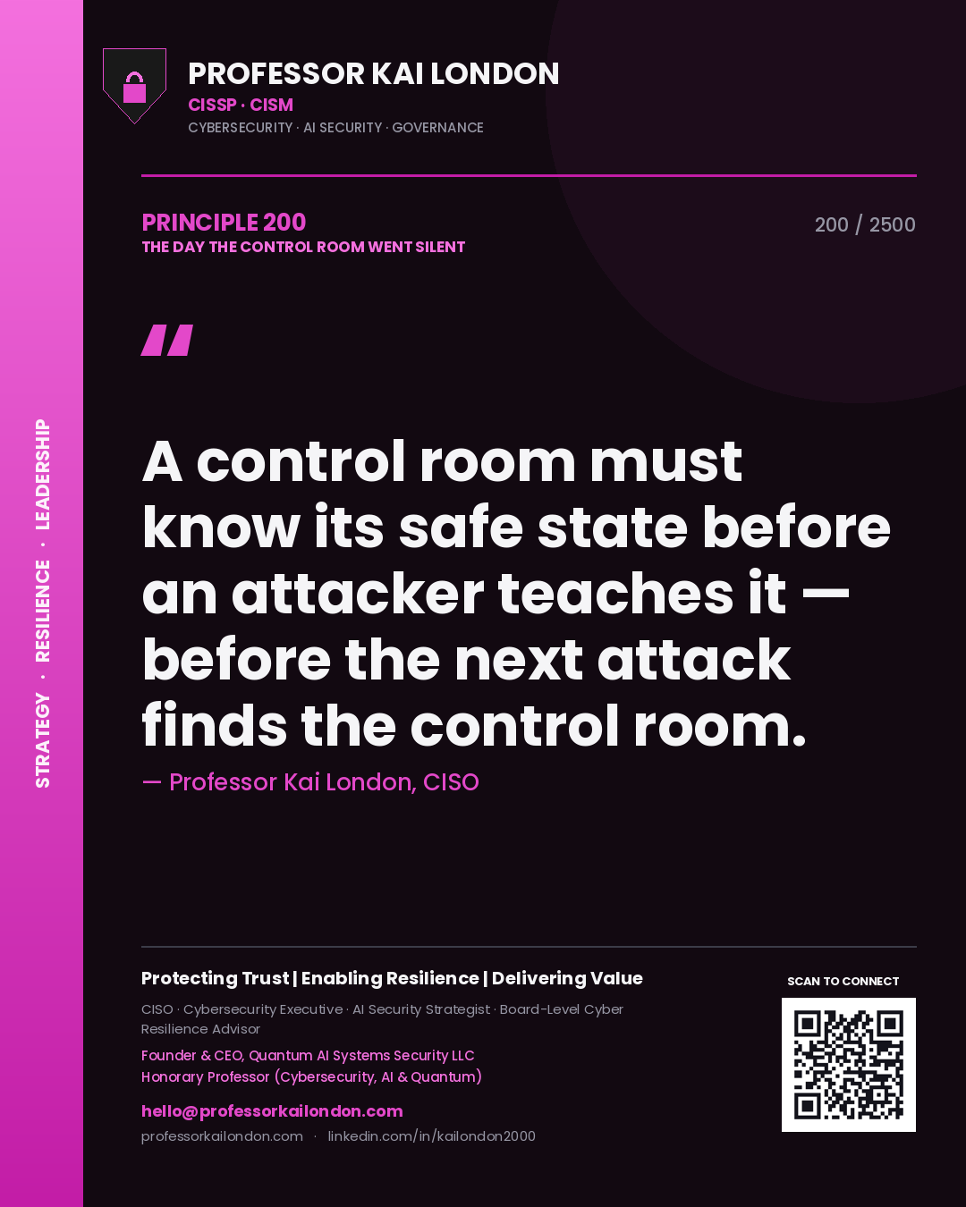 Quote card by Professor Kai London reading 'A control room must know its safe state before an attacker teaches it — before the next attack finds the control room.'. From the book The Day the Control Room Went Silent.