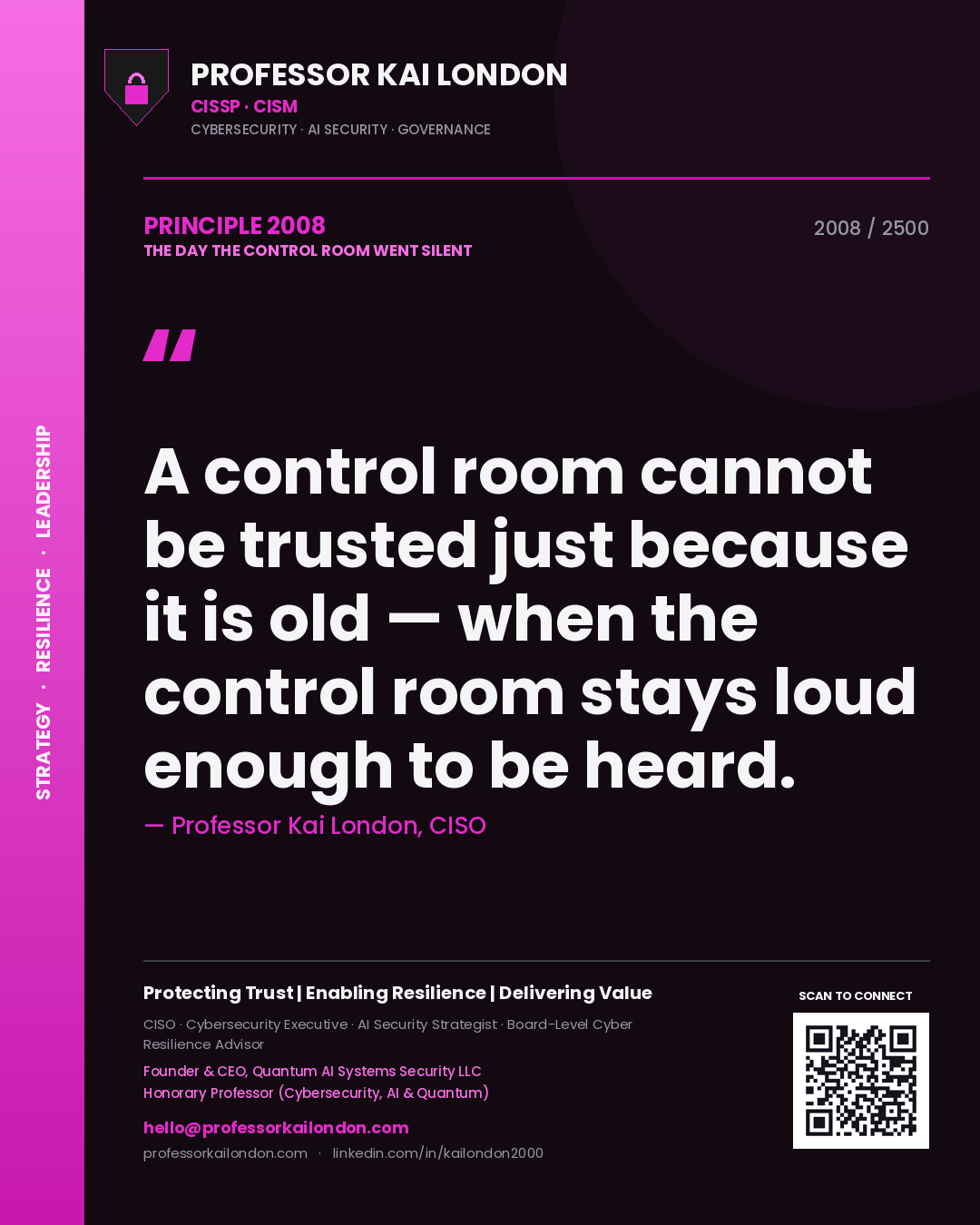 Quote card by Professor Kai London reading 'A control room cannot be trusted just because it is old — when the control room stays loud enough to be heard.'. From the book The Day the Control Room Went Silent.