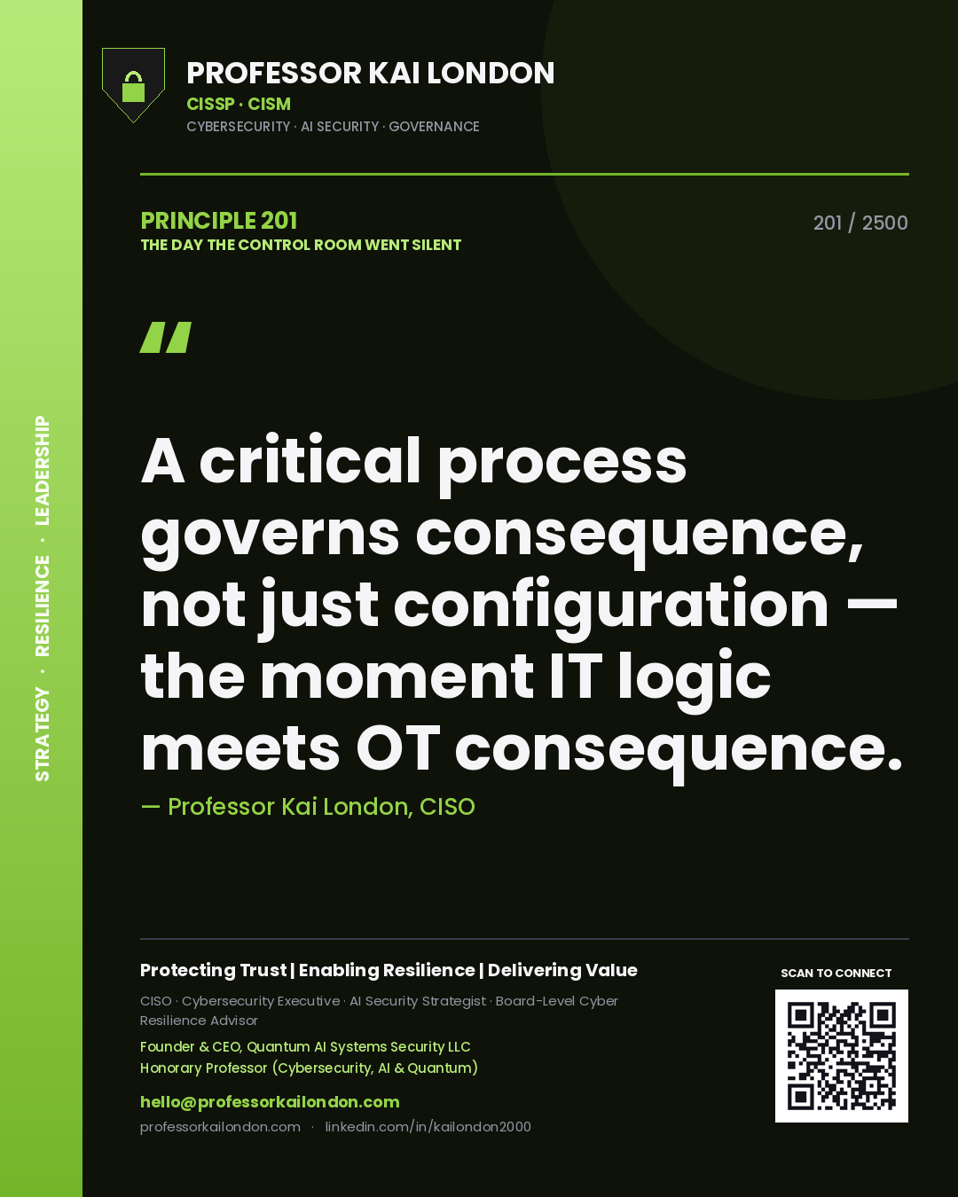 Quote card by Professor Kai London reading 'A critical process governs consequence, not just configuration — the moment IT logic meets OT consequence.'. From the book The Day the Control Room Went Silent.
