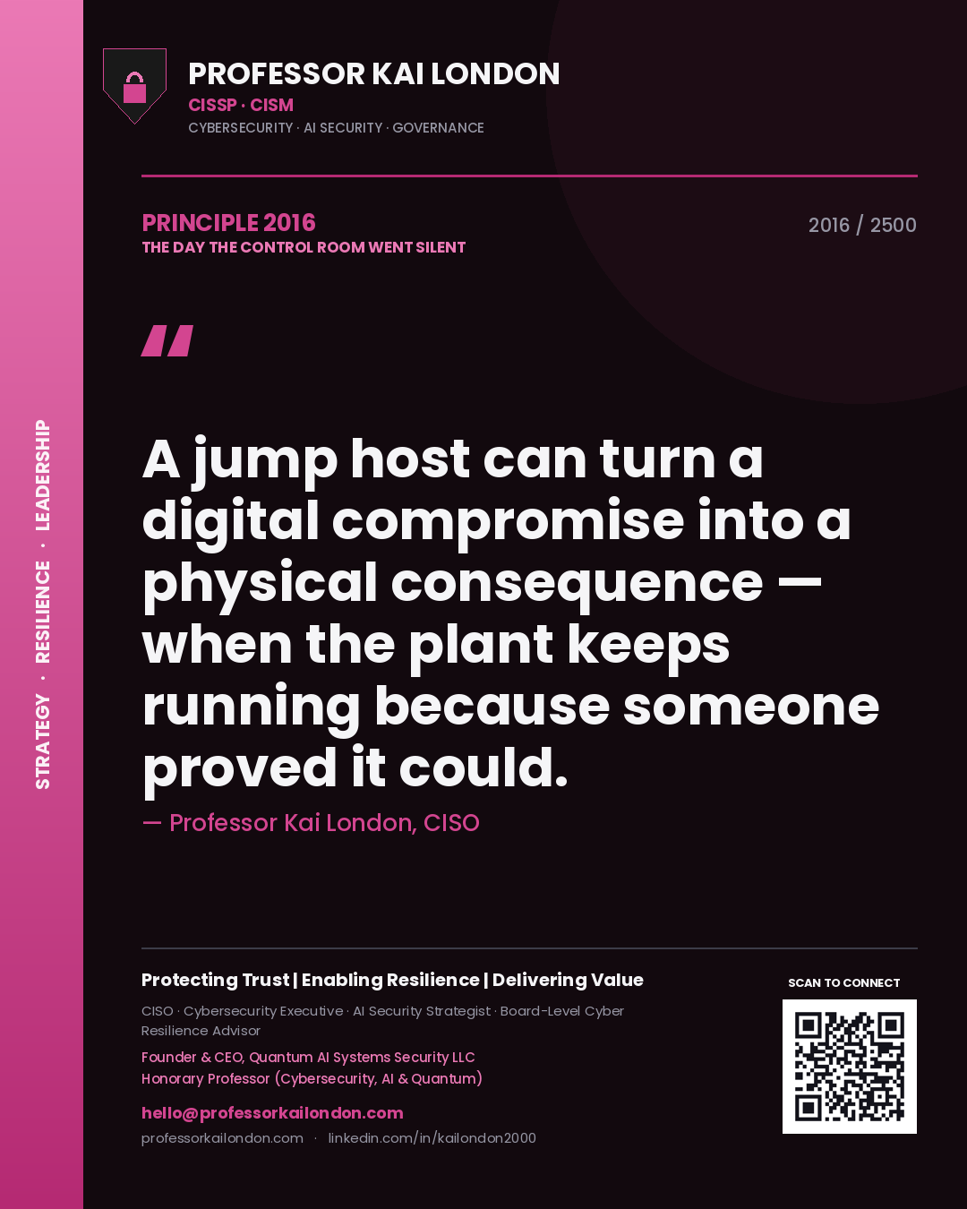 Quote card by Professor Kai London reading 'A jump host can turn a digital compromise into a physical consequence — when the plant keeps running because someone proved it could.'. From the book The Day the Control Room Went Silent.