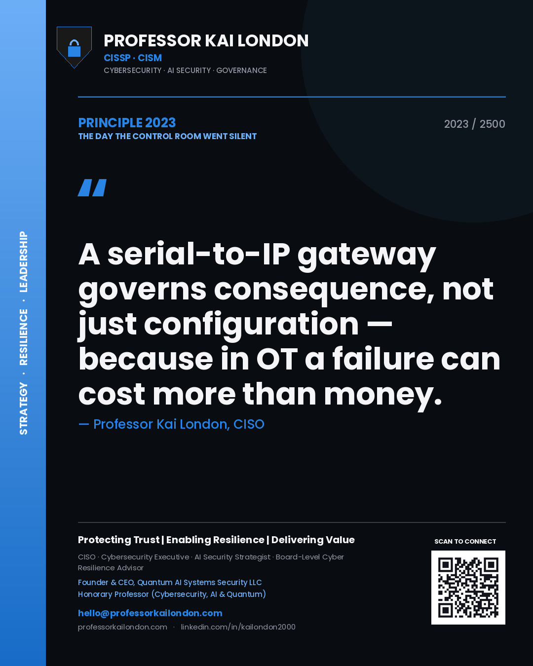 Professor Kai London principle 2023: A serial-to-IP gateway governs consequence, not just configuration — because in OT a failure can cost more than money.