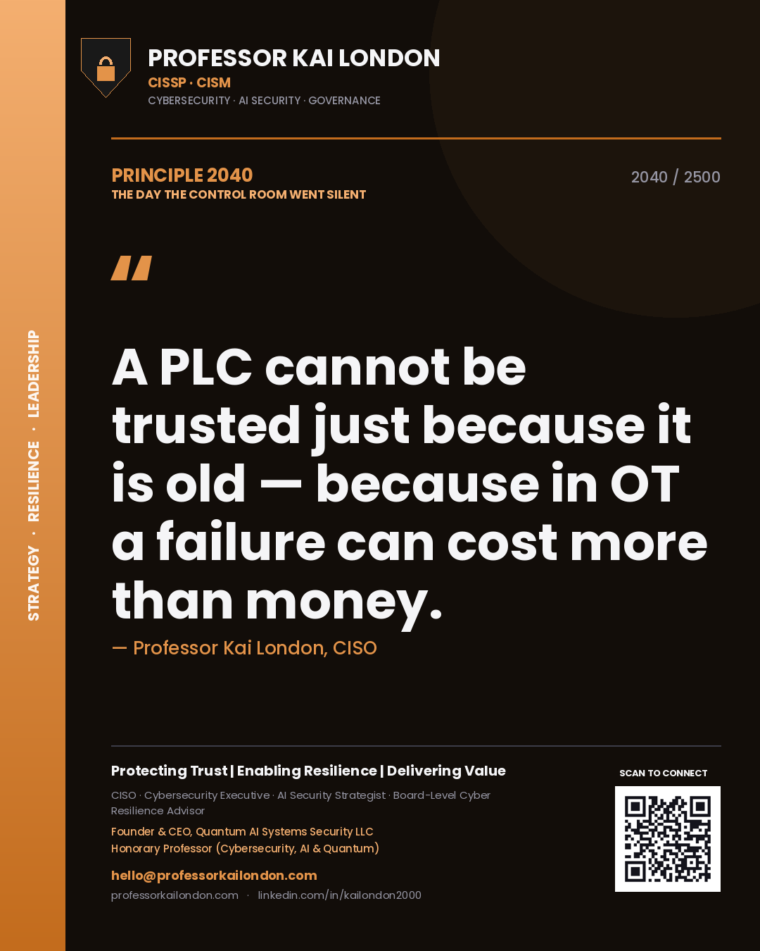 Professor Kai London principle 2040: A PLC cannot be trusted just because it is old — because in OT a failure can cost more than money.
