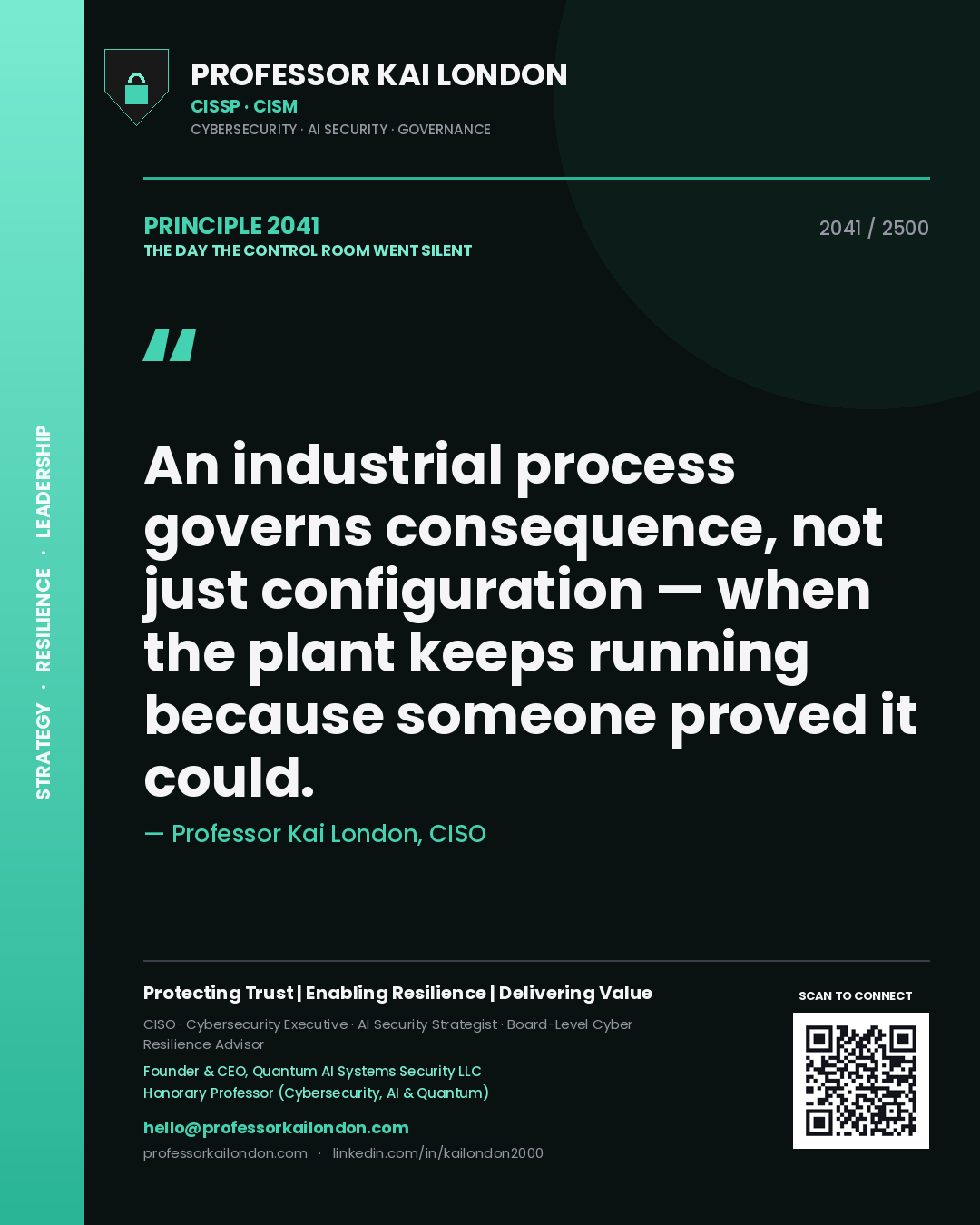 Professor Kai London principle 2041: An industrial process governs consequence, not just configuration — when the plant keeps running because someone proved it could.
