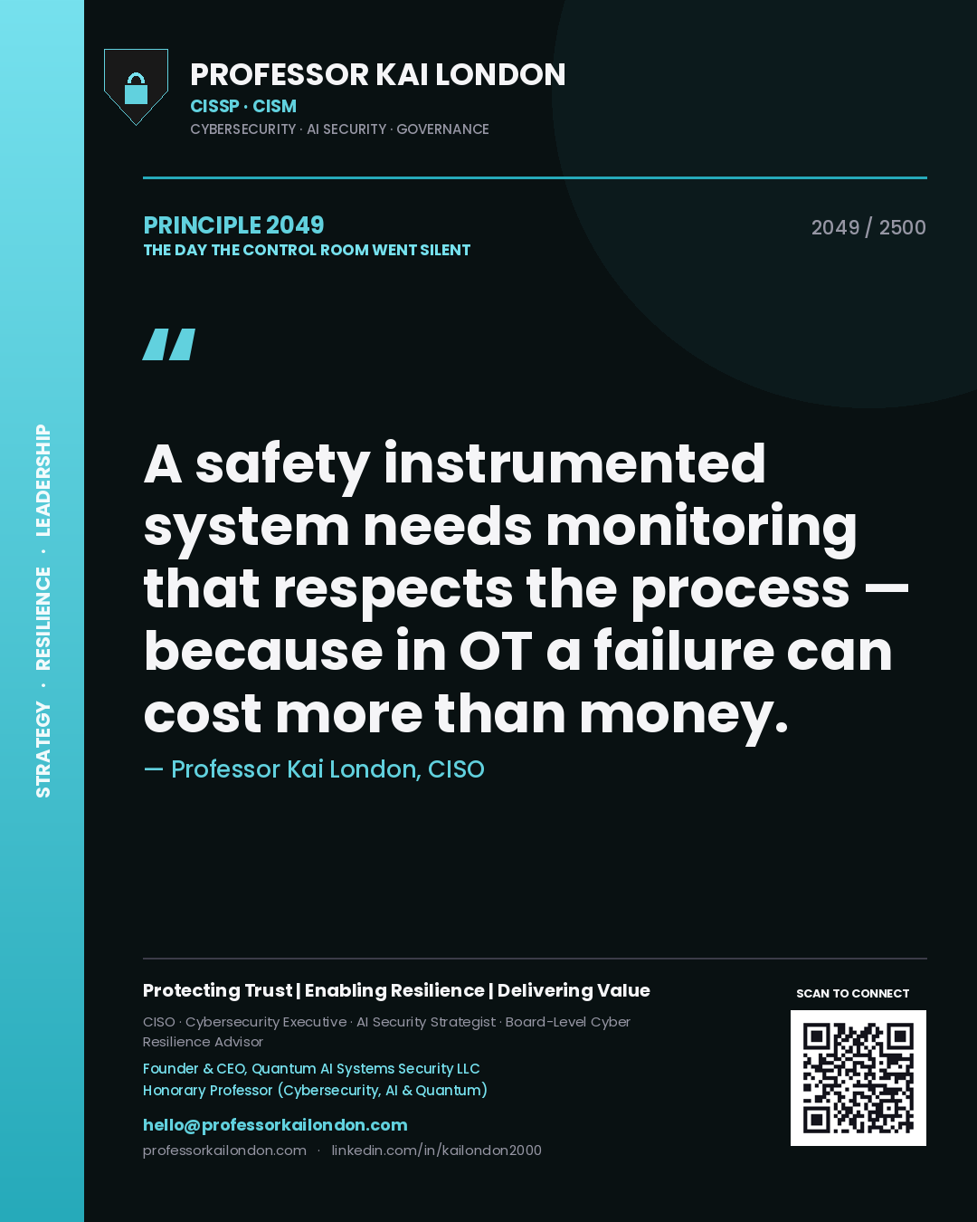 Quote card by Professor Kai London reading 'A safety instrumented system needs monitoring that respects the process — because in OT a failure can cost more than money.'. From the book The Day the Control Room Went Silent.