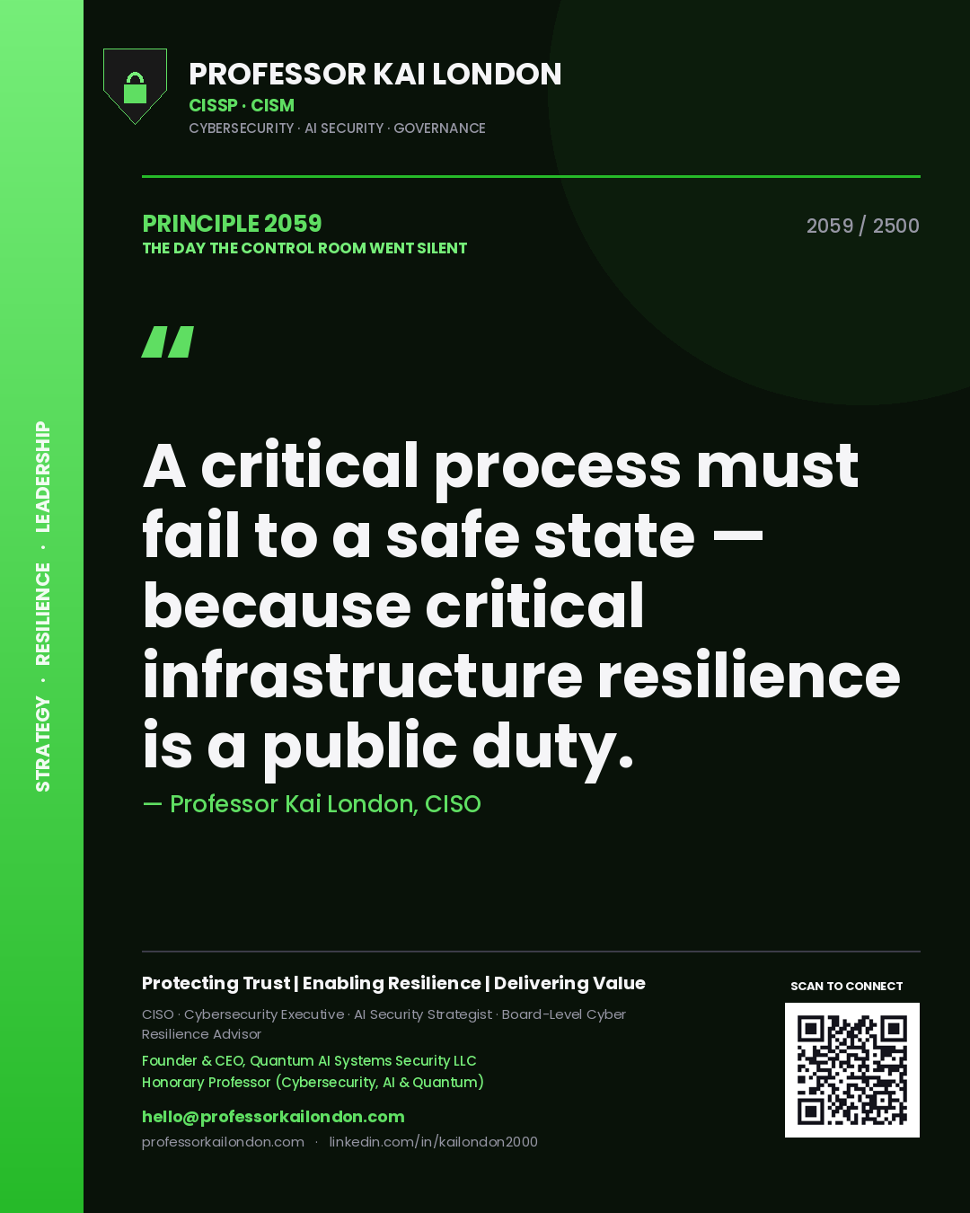 Professor Kai London principle 2059: A critical process must fail to a safe state — because critical infrastructure resilience is a public duty.