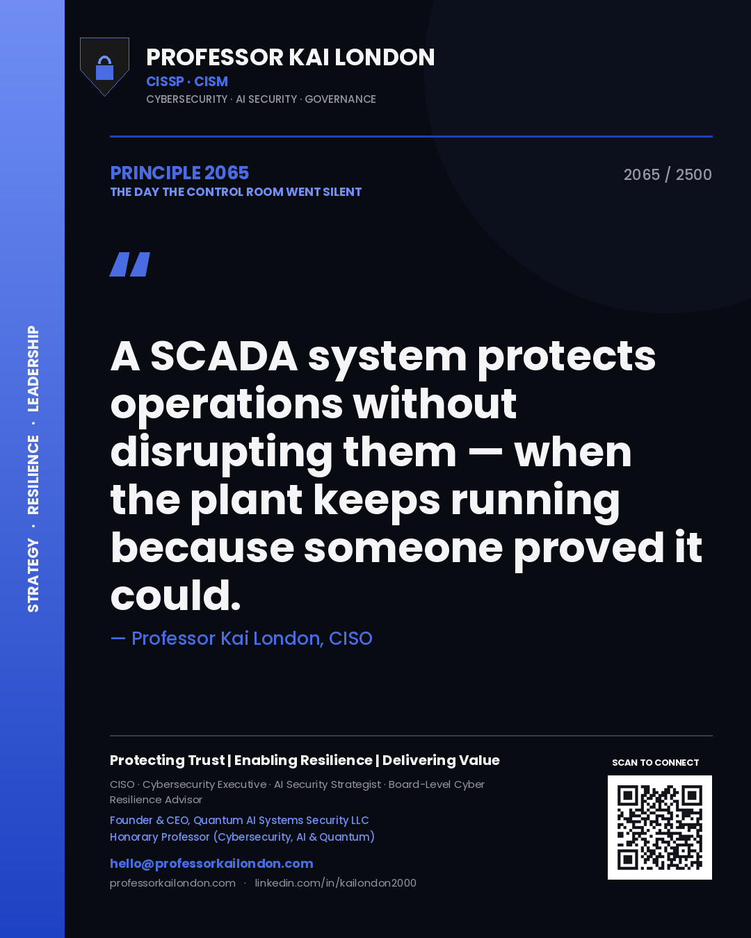 Professor Kai London principle 2065: A SCADA system protects operations without disrupting them — when the plant keeps running because someone proved it could.