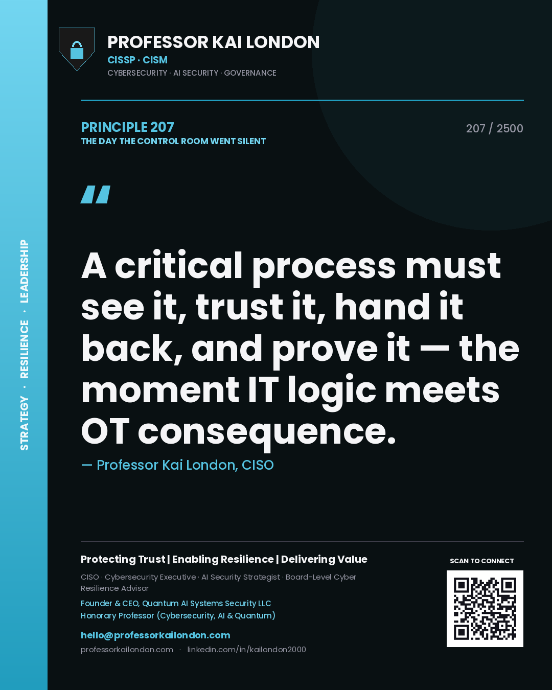 Quote card by Professor Kai London reading 'A critical process must see it, trust it, hand it back, and prove it — the moment IT logic meets OT consequence.'. From the book The Day the Control Room Went Silent.