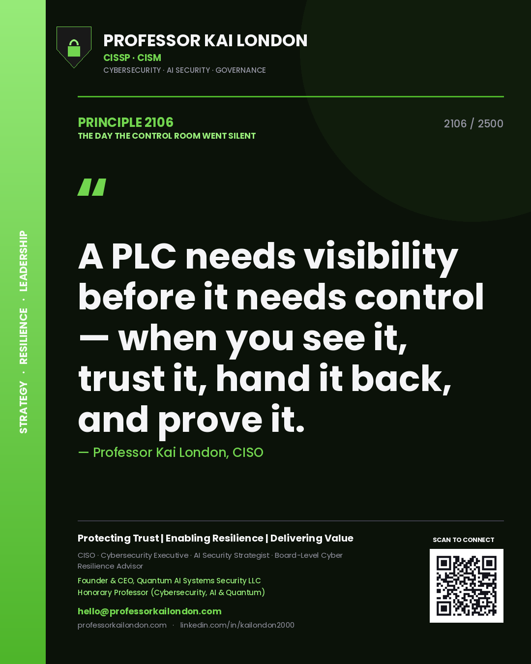 Professor Kai London principle 2106: A PLC needs visibility before it needs control — when you see it, trust it, hand it back, and prove it.