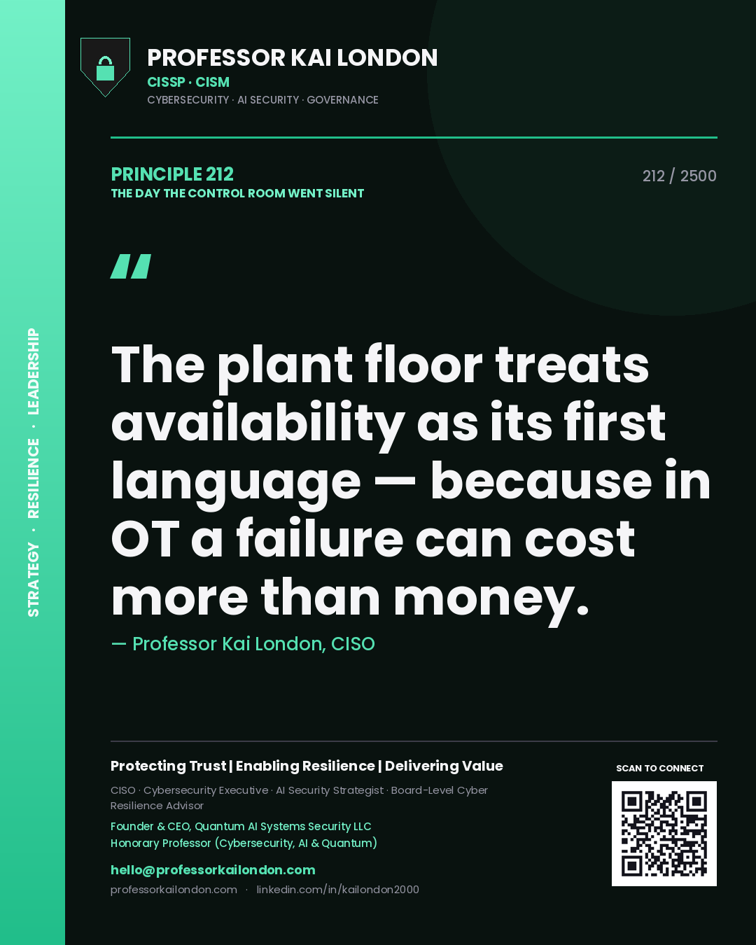 Professor Kai London principle 212: The plant floor treats availability as its first language — because in OT a failure can cost more than money.
