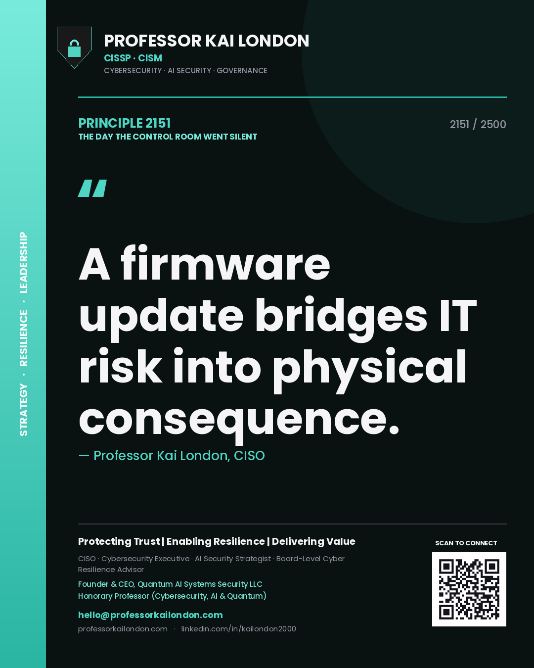 Quote card by Professor Kai London reading 'A firmware update bridges IT risk into physical consequence.'. From the book The Day the Control Room Went Silent.