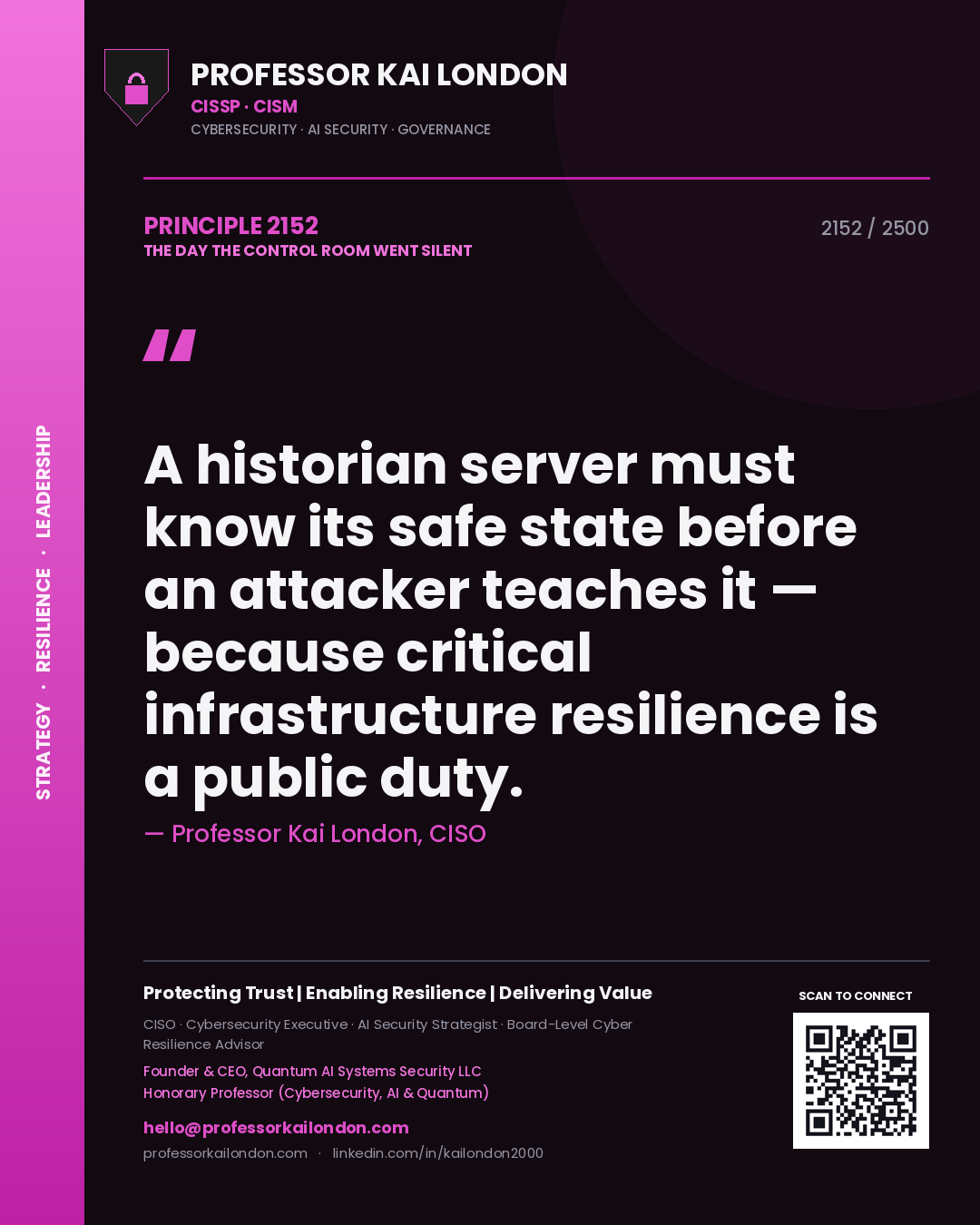 Quote card by Professor Kai London reading 'A historian server must know its safe state before an attacker teaches it — because critical infrastructure resilience is a public duty.'. From the book The Day the Control Room Went Silent.