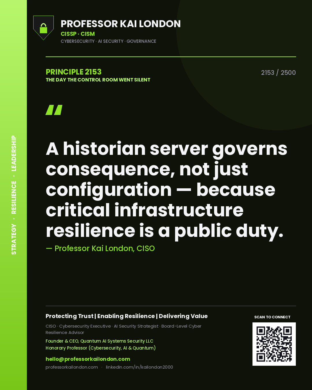 Professor Kai London principle 2153: A historian server governs consequence, not just configuration — because critical infrastructure resilience is a public duty.