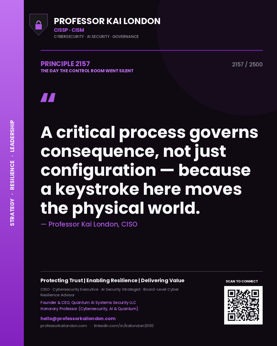 Quote card by Professor Kai London reading 'A critical process governs consequence, not just configuration — because a keystroke here moves the physical world.'. From the book The Day the Control Room Went Silent.