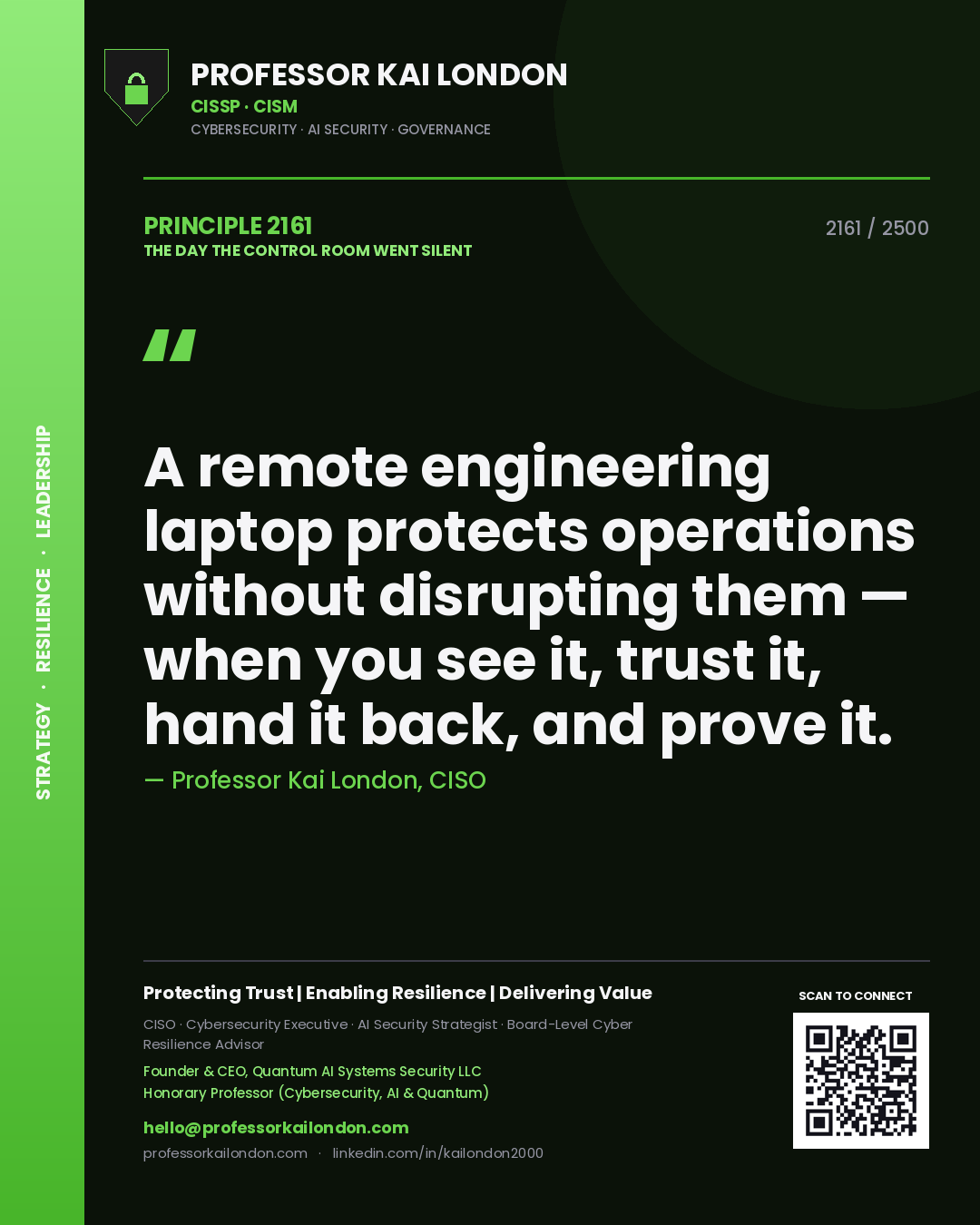 Professor Kai London principle 2161: A remote engineering laptop protects operations without disrupting them — when you see it, trust it, hand it back, and prove it.