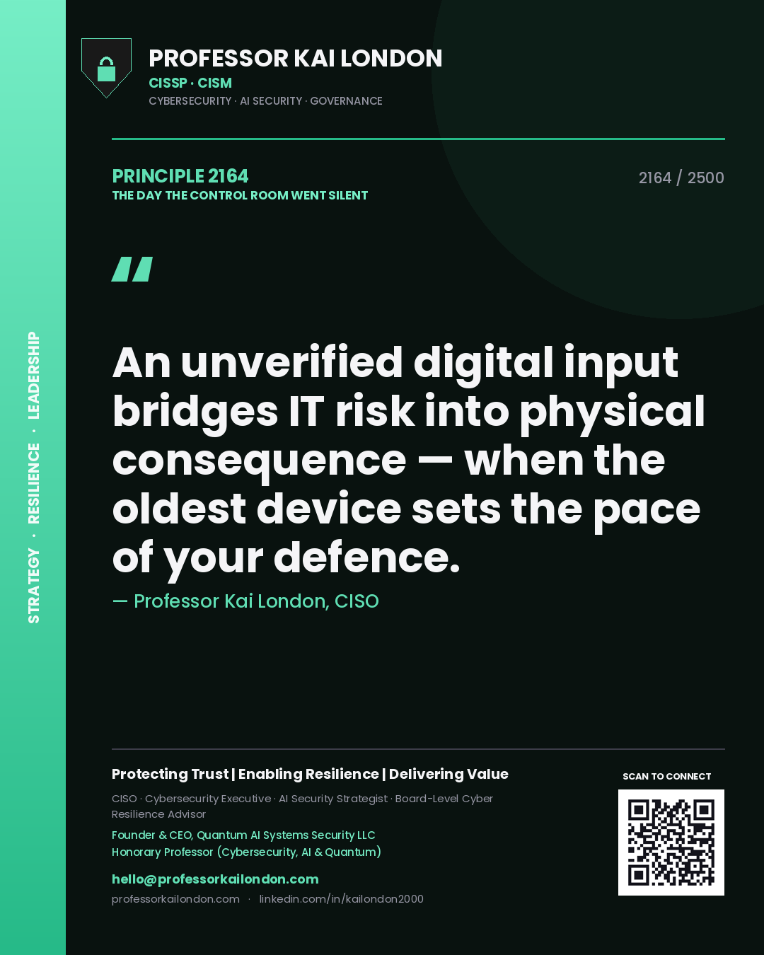 Quote card by Professor Kai London reading 'An unverified digital input bridges IT risk into physical consequence — when the oldest device sets the pace of your defence.'. From the book The Day the Control Room Went Silent.