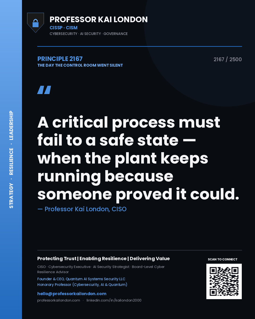 Quote card by Professor Kai London reading 'A critical process must fail to a safe state — when the plant keeps running because someone proved it could.'. From the book The Day the Control Room Went Silent.