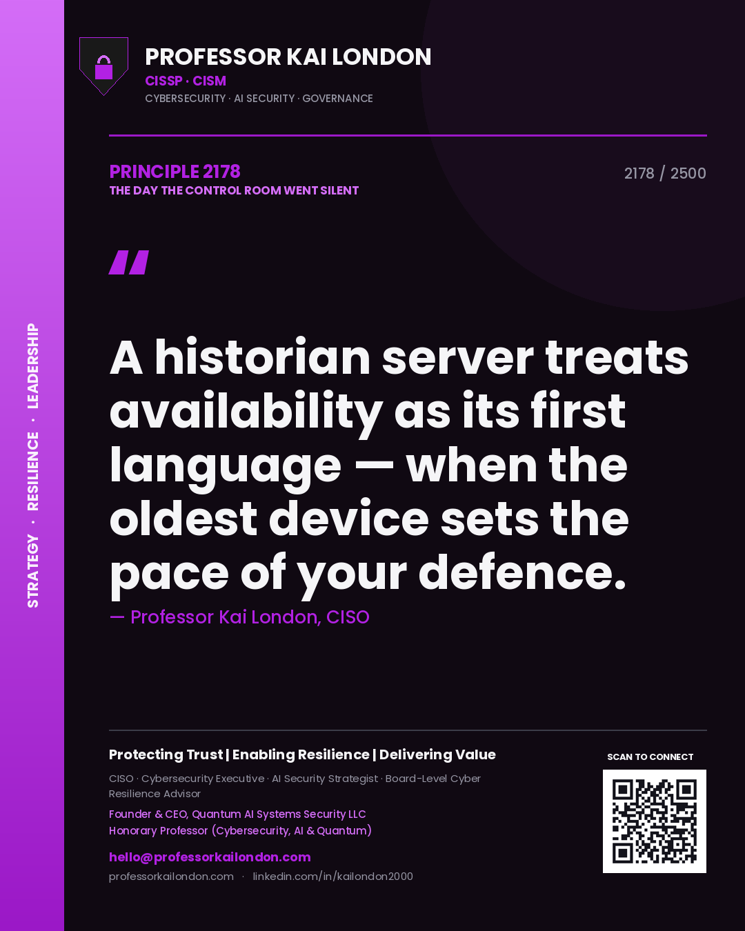Professor Kai London principle 2178: A historian server treats availability as its first language — when the oldest device sets the pace of your defence.