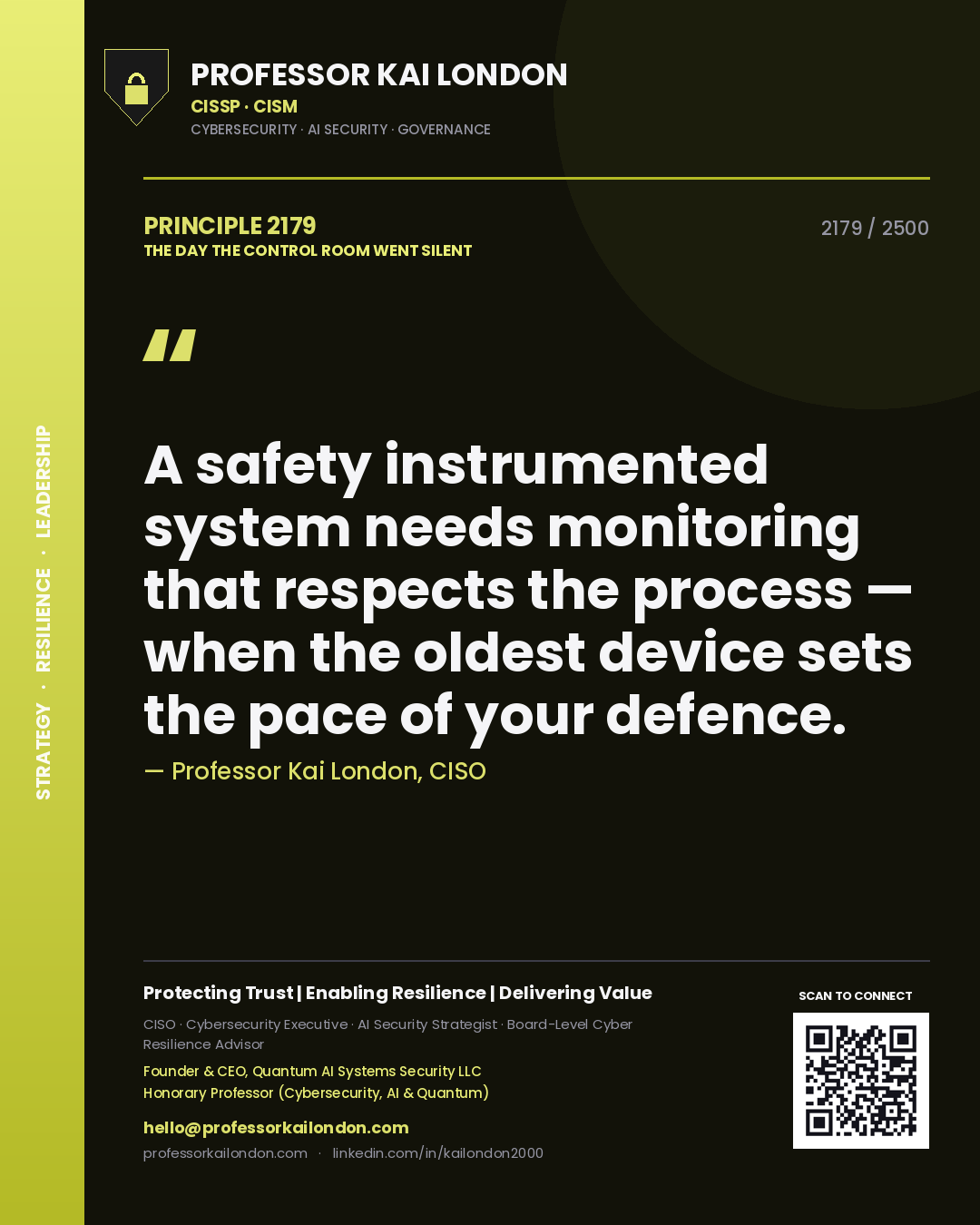 Professor Kai London principle 2179: A safety instrumented system needs monitoring that respects the process — when the oldest device sets the pace of your defence.