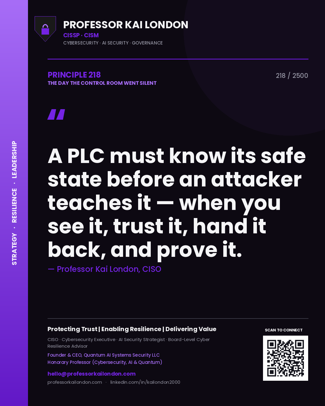 Quote card by Professor Kai London reading 'A PLC must know its safe state before an attacker teaches it — when you see it, trust it, hand it back, and prove it.'. From the book The Day the Control Room Went Silent.