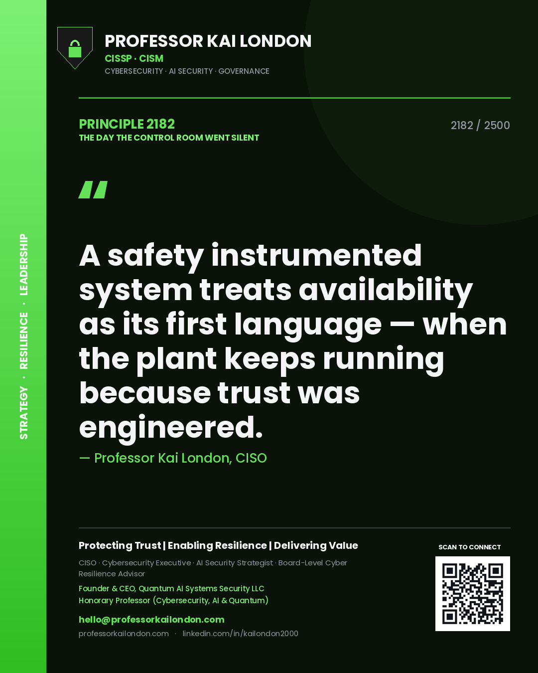 Professor Kai London principle 2182: A safety instrumented system treats availability as its first language — when the plant keeps running because trust was engineered.