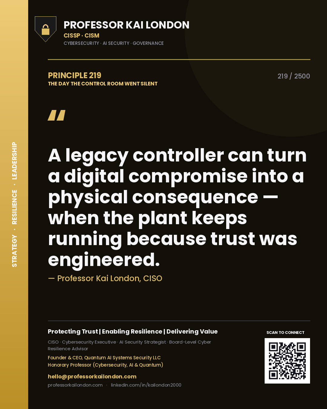Quote card by Professor Kai London reading 'A legacy controller can turn a digital compromise into a physical consequence — when the plant keeps running because trust was engineered.'. From the book The Day the Control Room Went Silent.