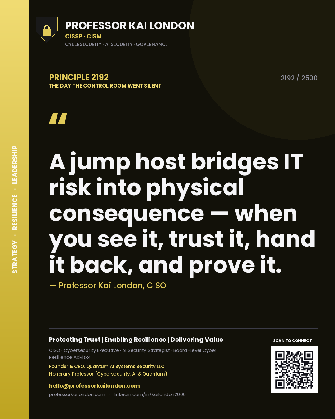 Quote card by Professor Kai London reading 'A jump host bridges IT risk into physical consequence — when you see it, trust it, hand it back, and prove it.'. From the book The Day the Control Room Went Silent.