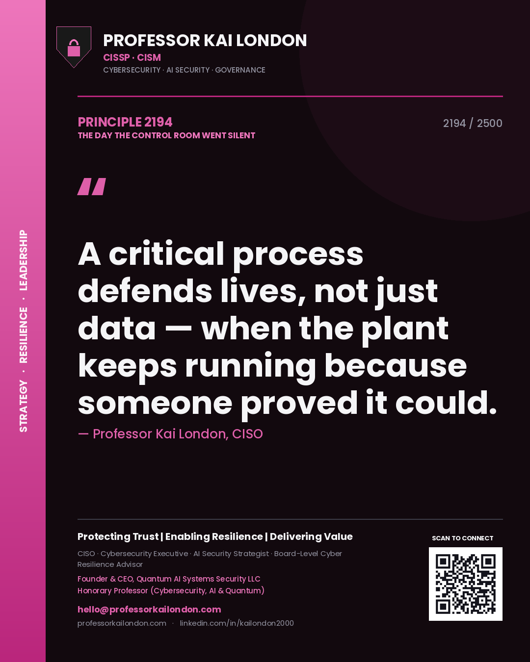 Professor Kai London principle 2194: A critical process defends lives, not just data — when the plant keeps running because someone proved it could.