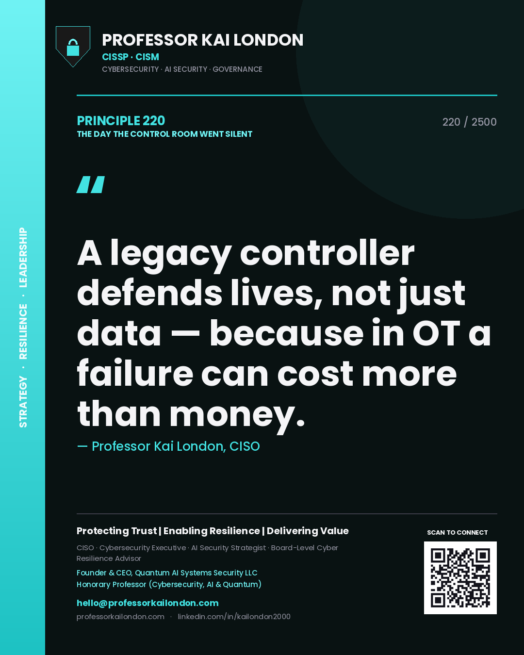 Professor Kai London principle 220: A legacy controller defends lives, not just data — because in OT a failure can cost more than money.