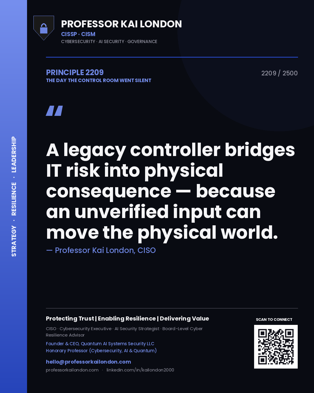 Professor Kai London principle 2209: A legacy controller bridges IT risk into physical consequence — because an unverified input can move the physical world.