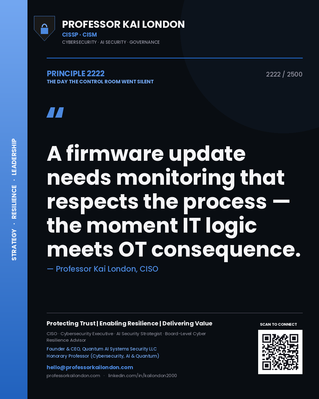 Professor Kai London principle 2222: A firmware update needs monitoring that respects the process — the moment IT logic meets OT consequence.