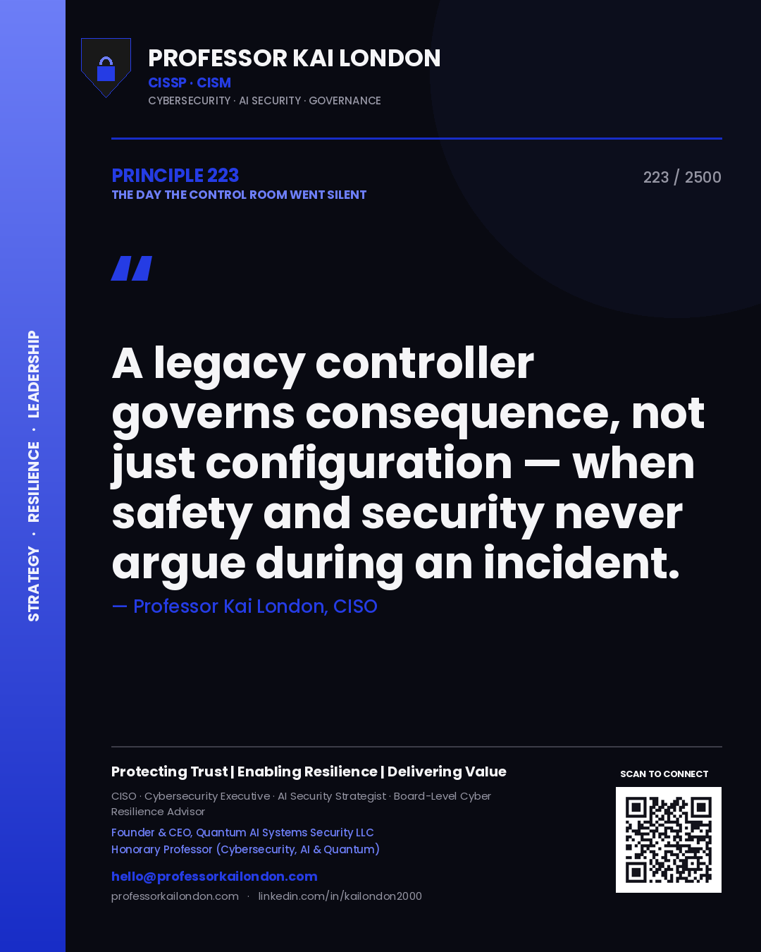 Quote card by Professor Kai London reading 'A legacy controller governs consequence, not just configuration — when safety and security never argue during an incident.'. From the book The Day the Control Room Went Silent.