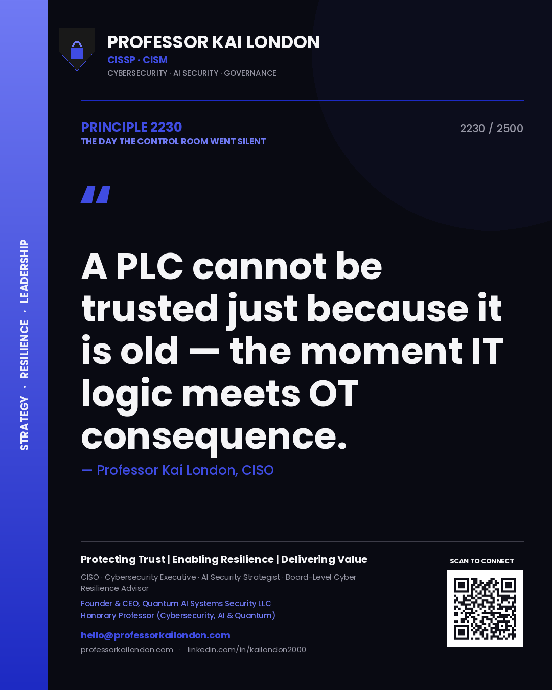 Professor Kai London principle 2230: A PLC cannot be trusted just because it is old — the moment IT logic meets OT consequence.