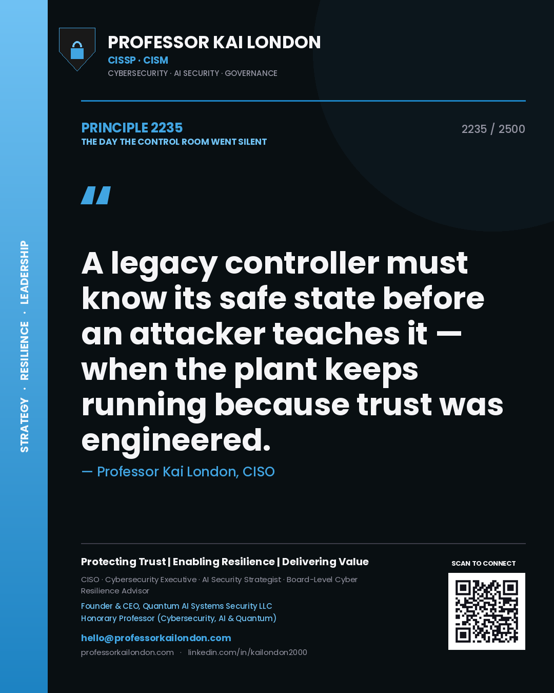 Quote card by Professor Kai London reading 'A legacy controller must know its safe state before an attacker teaches it — when the plant keeps running because trust was engineered.'. From the book The Day the Control Room Went Silent.