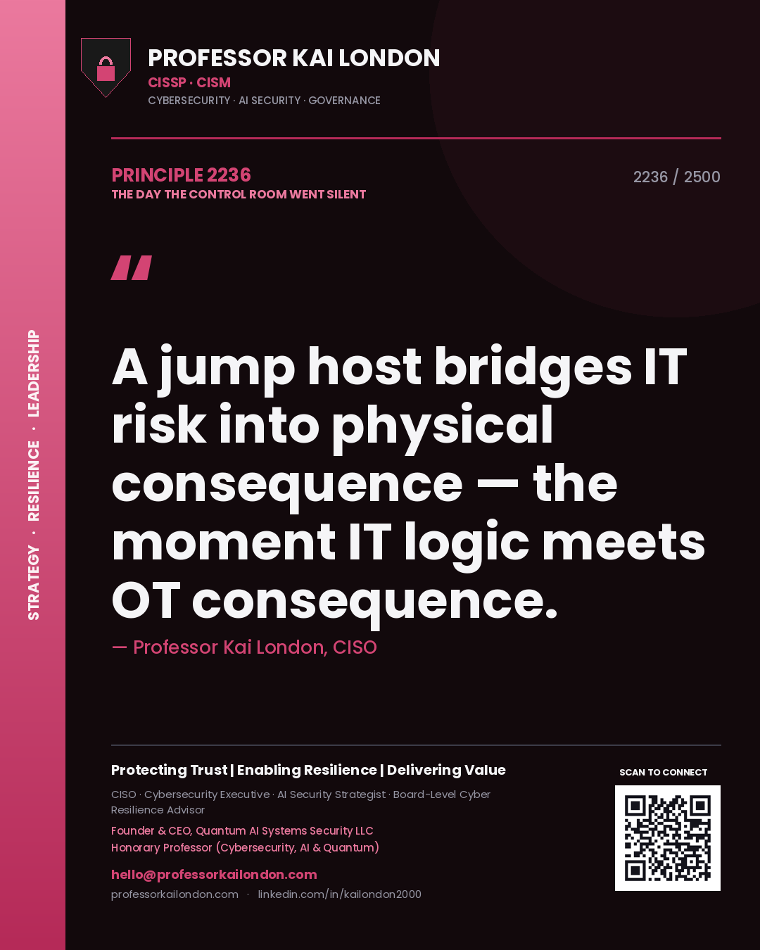 Professor Kai London principle 2236: A jump host bridges IT risk into physical consequence — the moment IT logic meets OT consequence.