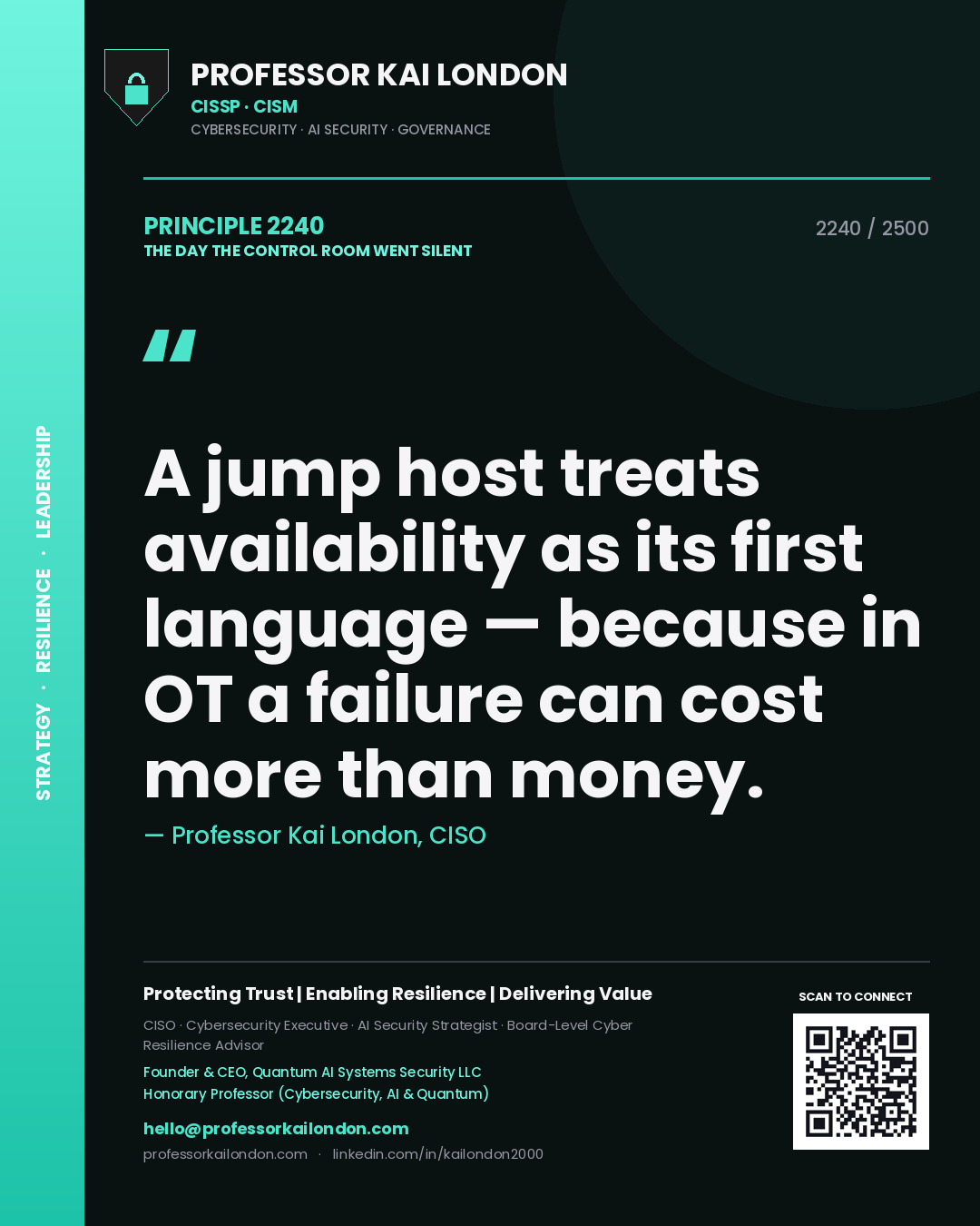 Quote card by Professor Kai London reading 'A jump host treats availability as its first language — because in OT a failure can cost more than money.'. From the book The Day the Control Room Went Silent.