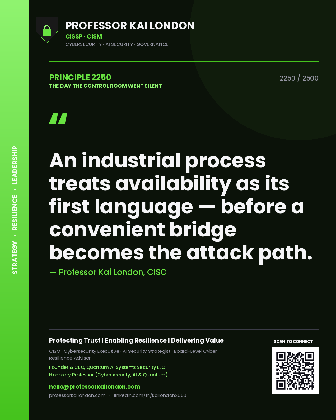 Professor Kai London principle 2250: An industrial process treats availability as its first language — before a convenient bridge becomes the attack path.