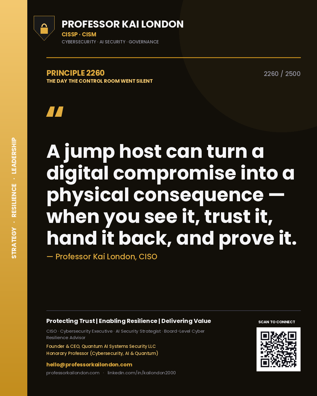 Professor Kai London principle 2260: A jump host can turn a digital compromise into a physical consequence — when you see it, trust it, hand it back, and prove it.