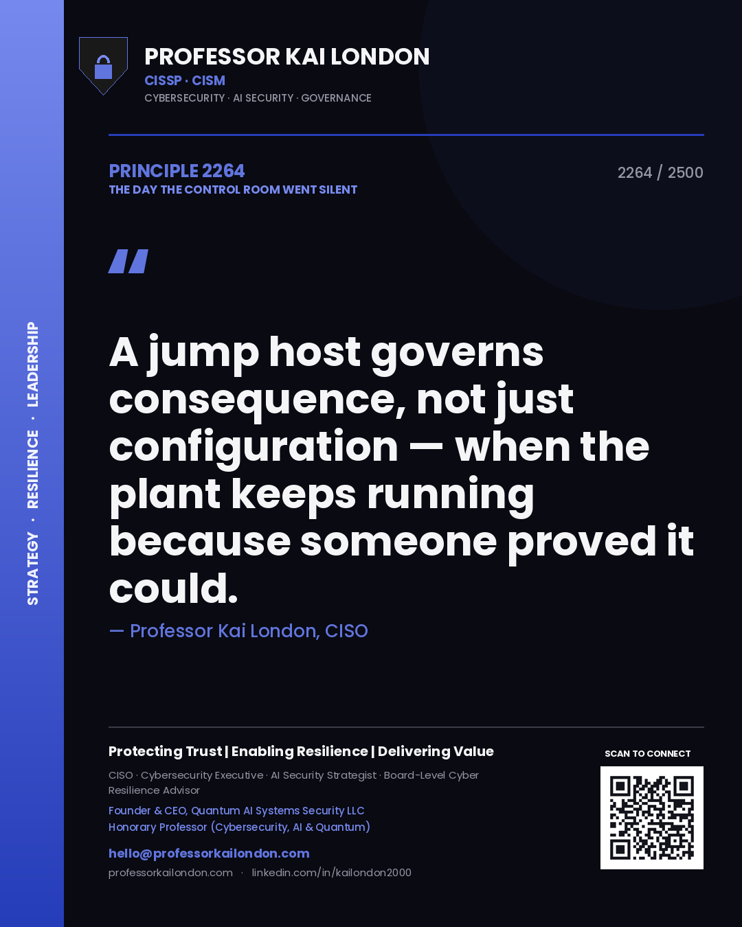 Professor Kai London principle 2264: A jump host governs consequence, not just configuration — when the plant keeps running because someone proved it could.