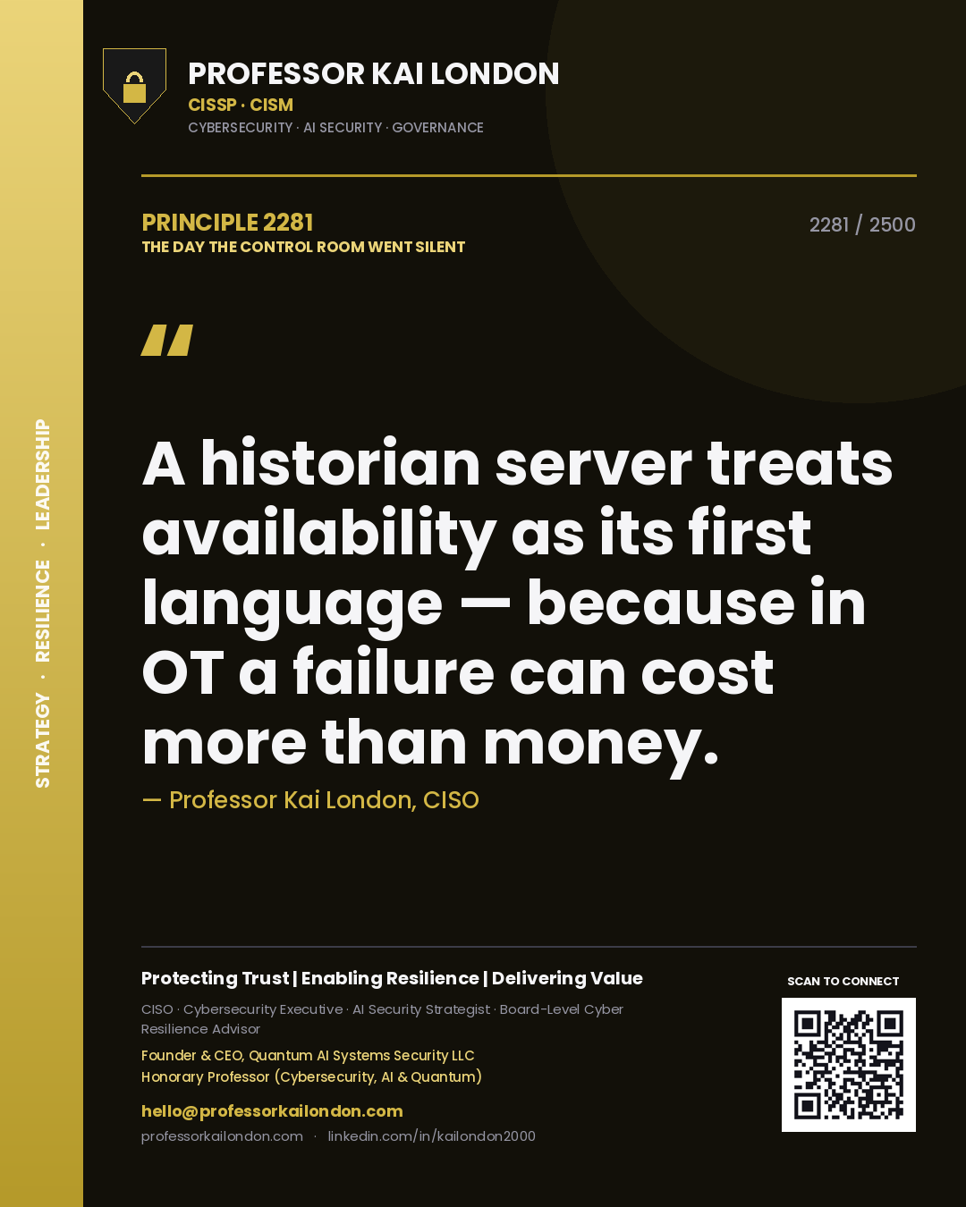 Quote card by Professor Kai London reading 'A historian server treats availability as its first language — because in OT a failure can cost more than money.'. From the book The Day the Control Room Went Silent.