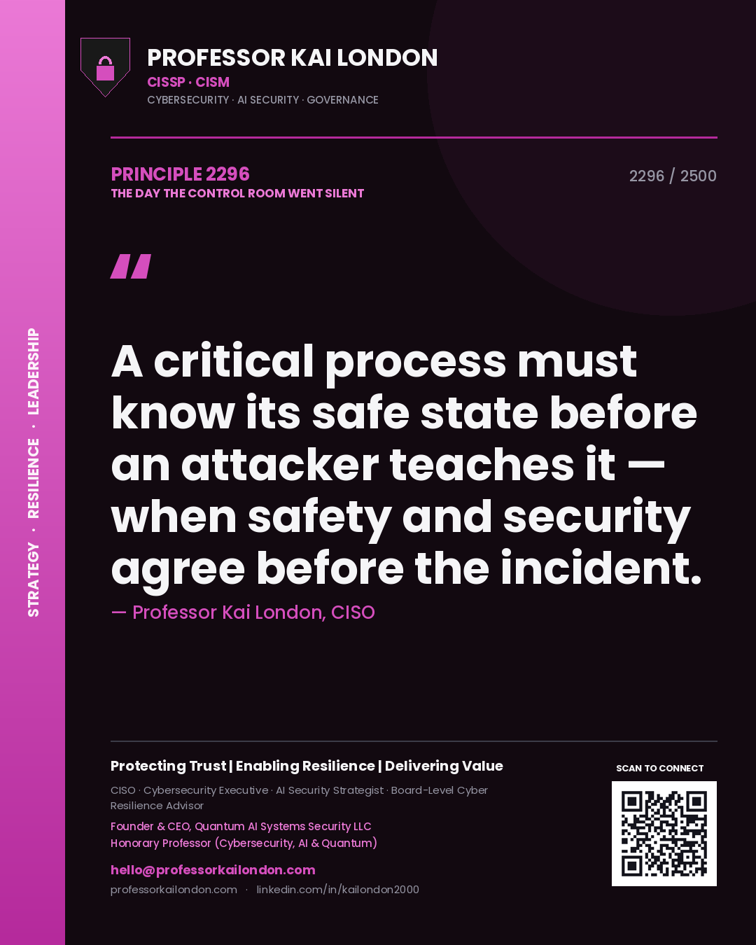Quote card by Professor Kai London reading 'A critical process must know its safe state before an attacker teaches it — when safety and security agree before the incident.'. From the book The Day the Control Room Went Silent.