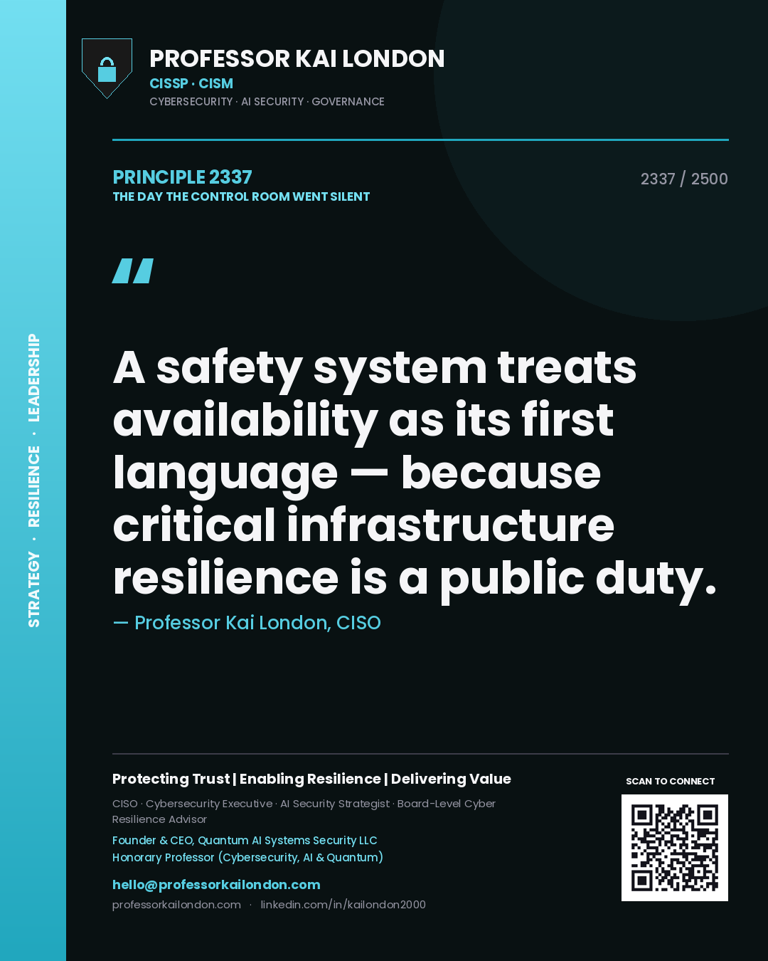 Professor Kai London principle 2337: A safety system treats availability as its first language — because critical infrastructure resilience is a public duty.