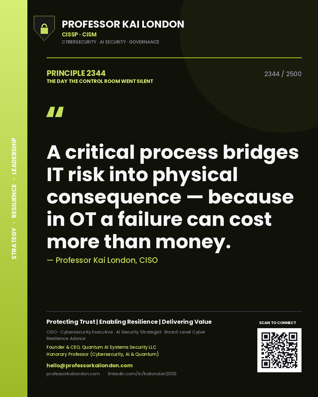 Quote card by Professor Kai London reading 'A critical process bridges IT risk into physical consequence — because in OT a failure can cost more than money.'. From the book The Day the Control Room Went Silent.