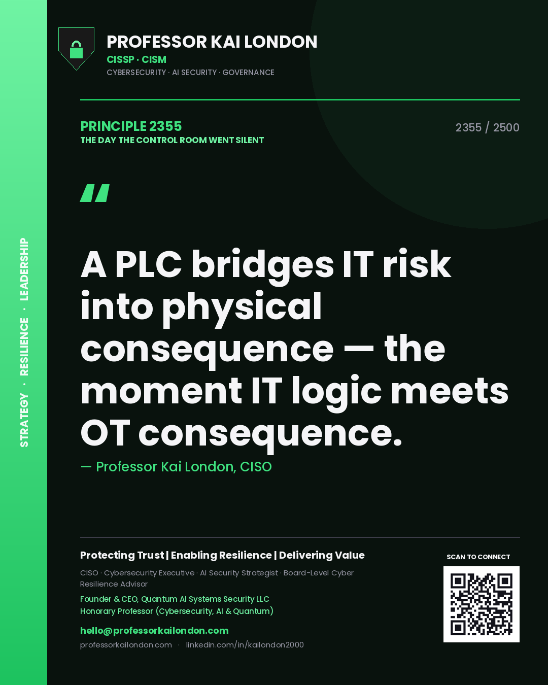 Professor Kai London principle 2355: A PLC bridges IT risk into physical consequence — the moment IT logic meets OT consequence.