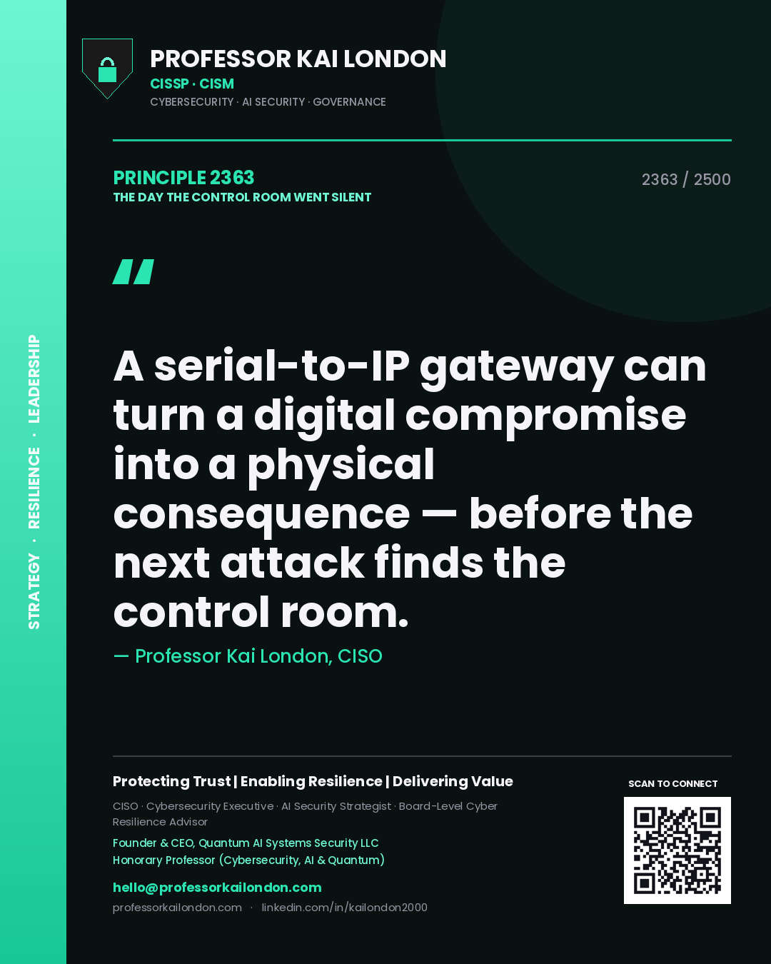 Professor Kai London principle 2363: A serial-to-IP gateway can turn a digital compromise into a physical consequence — before the next attack finds the control room.