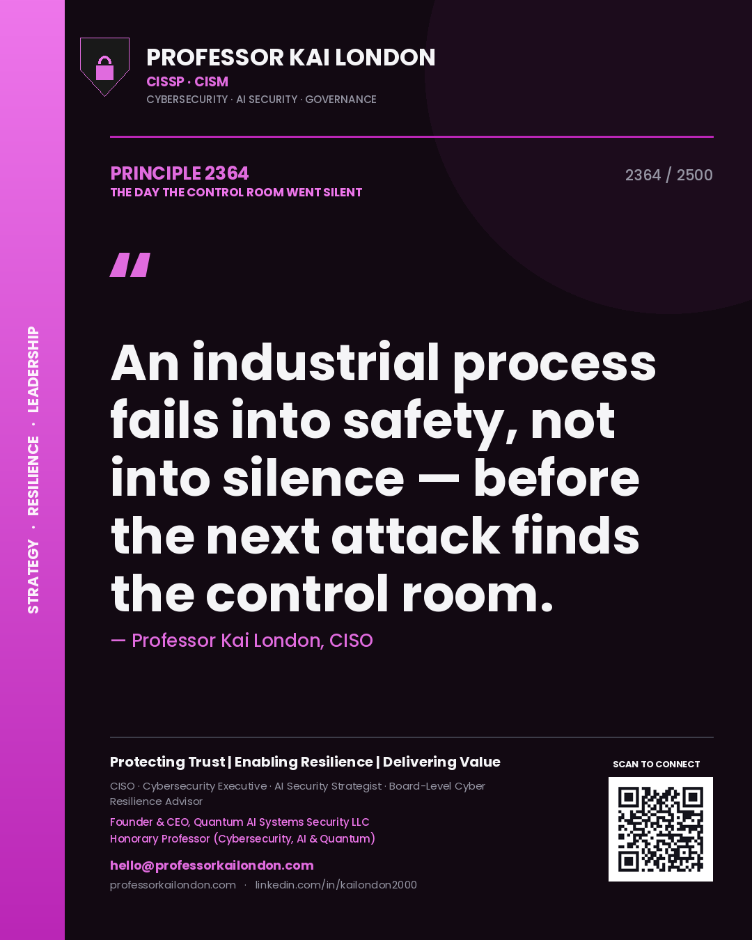 Professor Kai London principle 2364: An industrial process fails into safety, not into silence — before the next attack finds the control room.