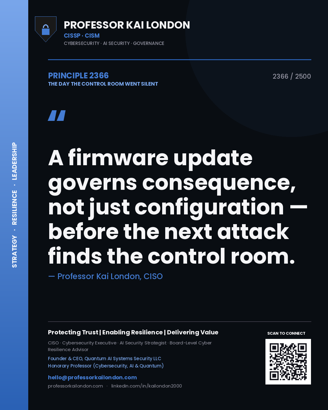 Quote card by Professor Kai London reading 'A firmware update governs consequence, not just configuration — before the next attack finds the control room.'. From the book The Day the Control Room Went Silent.