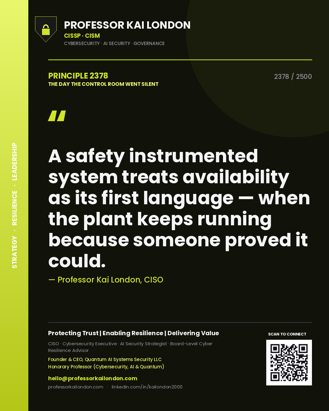Professor Kai London principle 2378: A safety instrumented system treats availability as its first language — when the plant keeps running because someone proved it could.