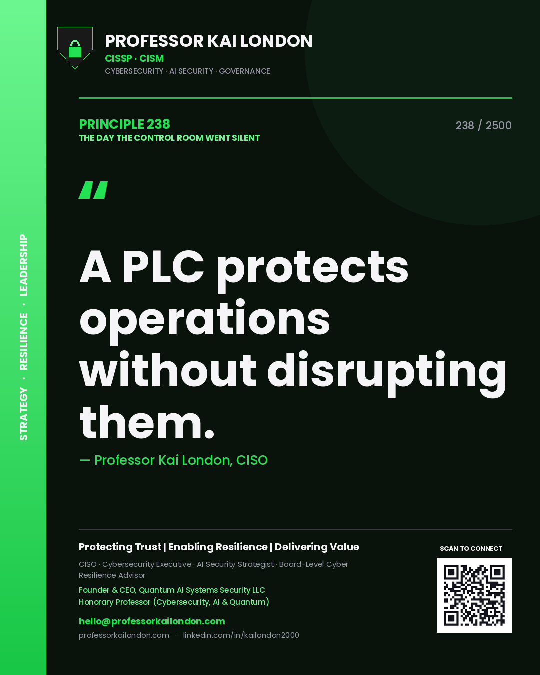 Quote card by Professor Kai London reading 'A PLC protects operations without disrupting them.'. From the book The Day the Control Room Went Silent.